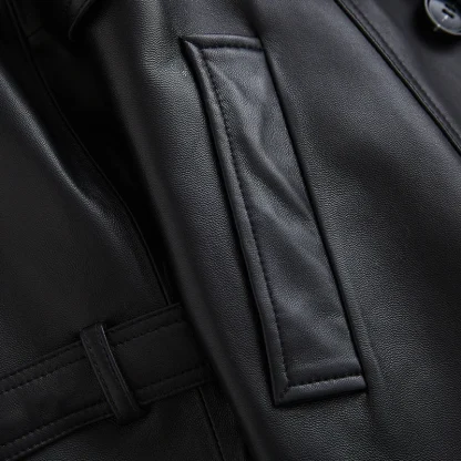Long Black Faux Leather Jacket - Image 4