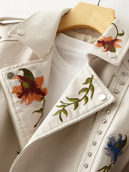 Chic Floral Faux Leather Jacket - Image 3