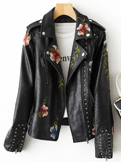 Chic Floral Faux Leather Jacket - Image 6