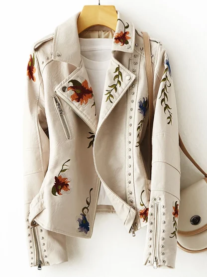 Chic Floral Faux Leather Jacket