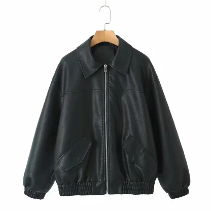 Elastic Hem Shiny Zippered Jackets - Image 3