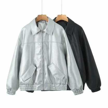 Elastic Hem Shiny Zippered Jackets - Image 2